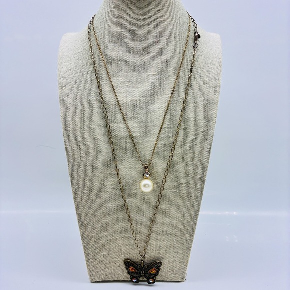 Jewelry - Layered Necklace Lot of 2 Pearl Rhinestone and Crystal Butterfly Pendant